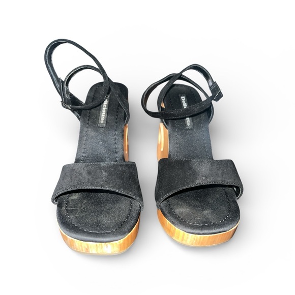 Delicious Y2K Black Suede Wooden Platform Heels Sculptural Ankle Strap Size 8.5 - Picture 3 of 6